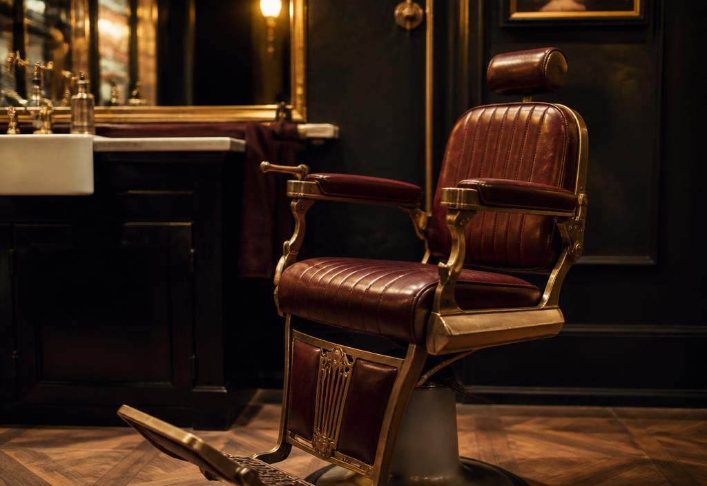 Vintage leather barber chair in a dark panelled shop, used for the Elite Cuts concept