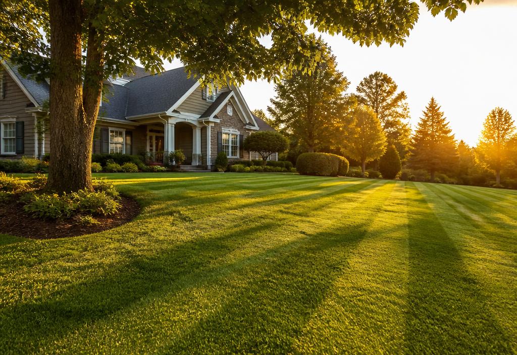Freshly striped lawn in front of a home at golden hour, used for the GreenLine concept